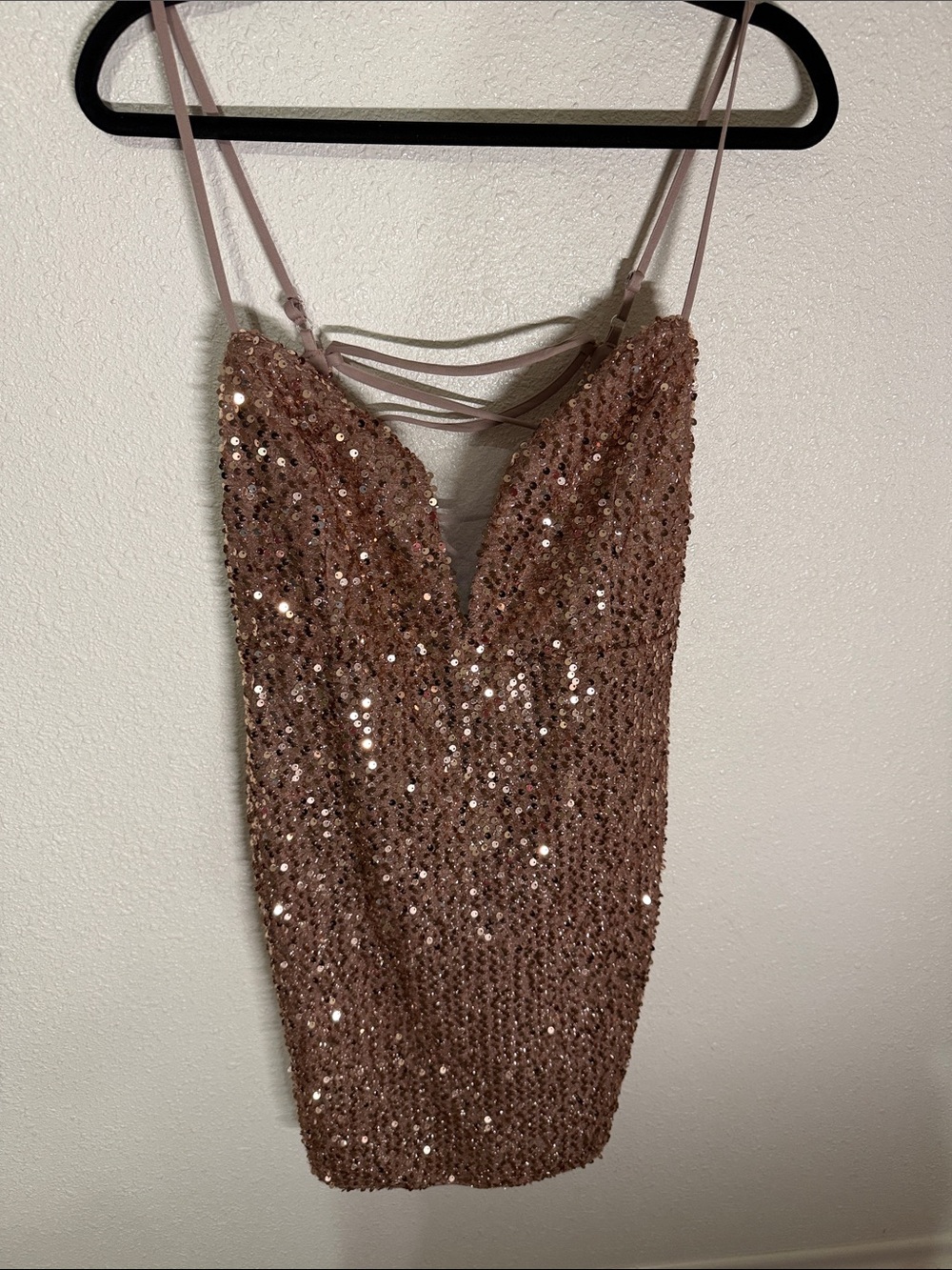 Sequin Spaghetti-Strap Mini Dress in Rose